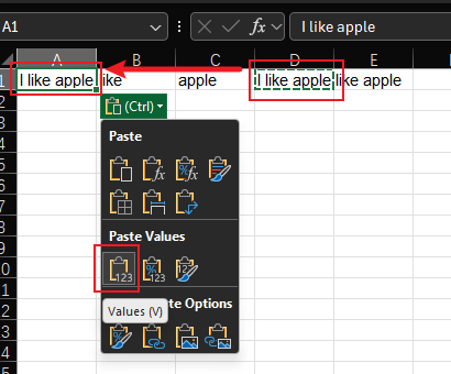 Paste Special menu with “Values” selected